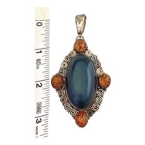 Sajen Pendant 3.5" Sterling Silver Black Eye Rainbow Obsidian Topaz Gemstone Vtg